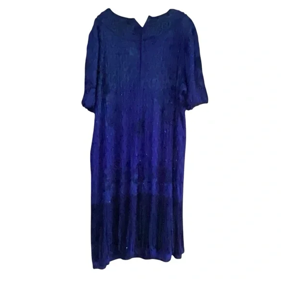 Vintage Laurence Kazer New York Y2K 100% Silk Elegant Blue Beaded Dress Size 3X - Picture 2 of 15